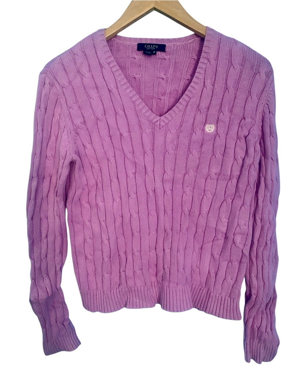 Chaps Ralph Lauren Lilac Purple V Neck Cable Knit Cotton Sweater Size M